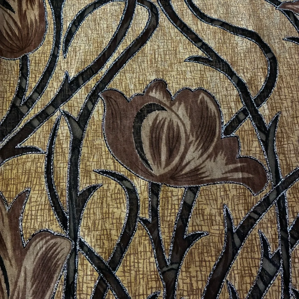 Black & Golden Brown Floral Pattern With Silver Glitter Scarf With Fringe - Picture 3 of 11